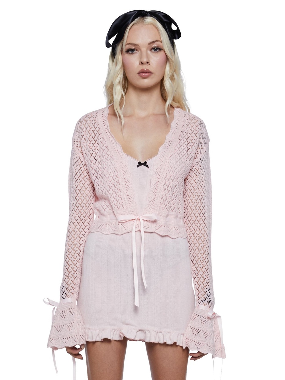 Sugar Thrillz Pale Pink Crochet Tie-Waist Cropped Cardigan